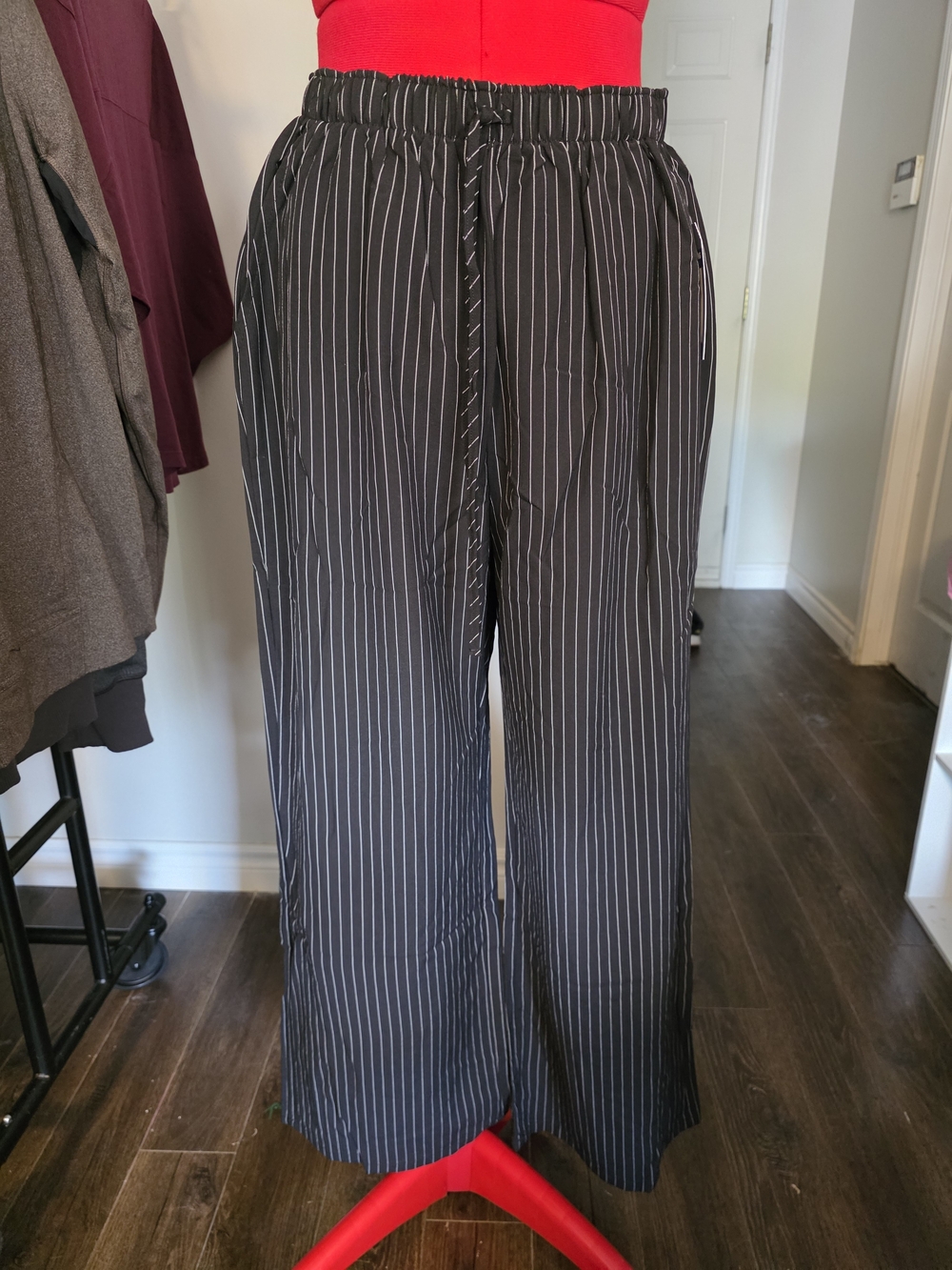 Black Pinstriped Wide-Leg Drawstring Pants